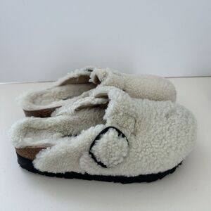 Birkenstock Papillio Sz 38 Boston Big Buckle Platform Shearling Teddy Eggshell
